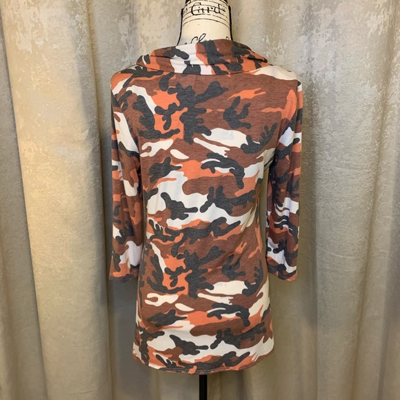 Coco Bianco Orange Brown Camo Fall Tones Cowl Neck Tunic 3/4 Sleeve NWT Size M - Picture 11 of 16